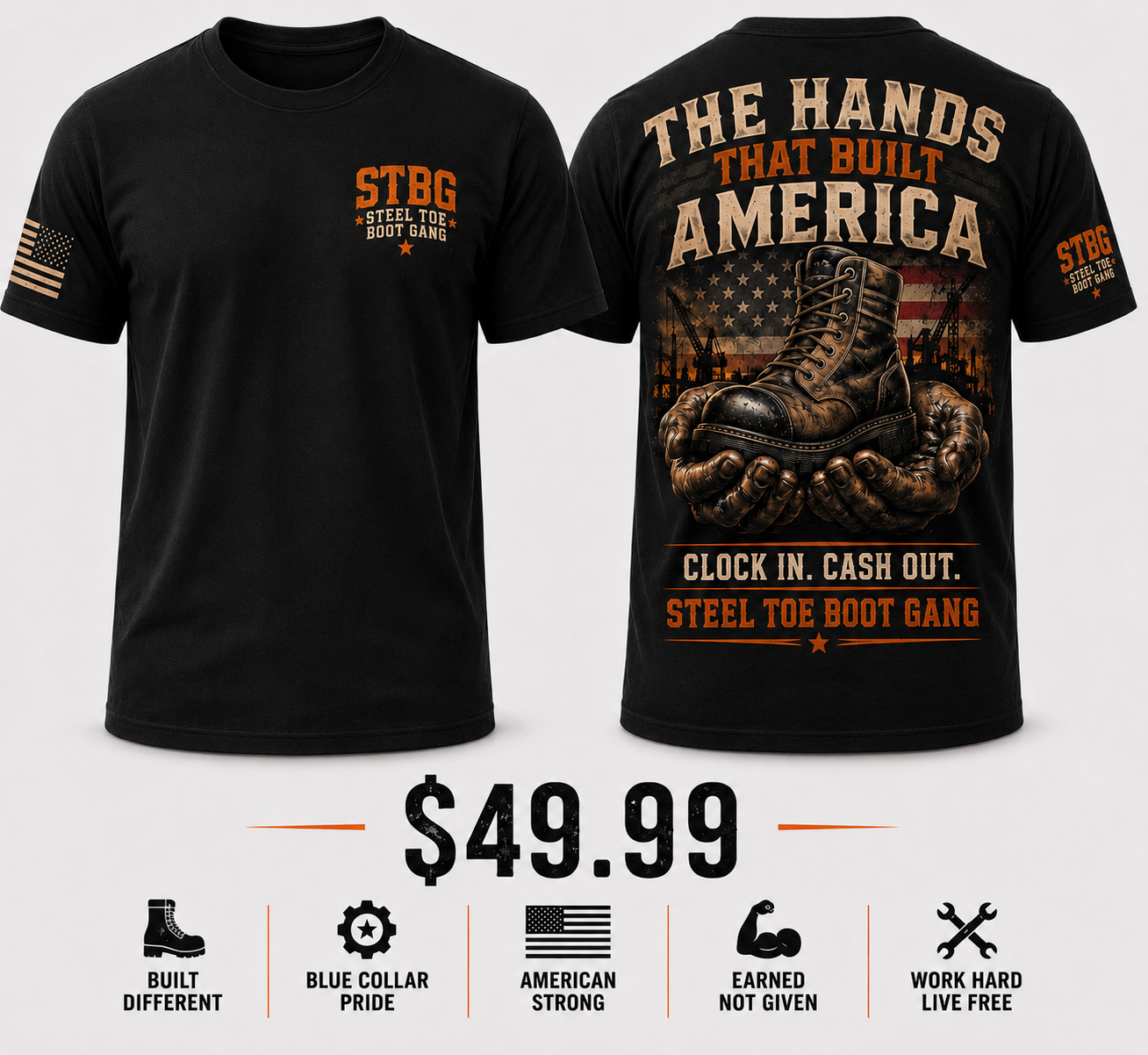 The Hands That Built America/Steel Toe Built Gang-Black Tee